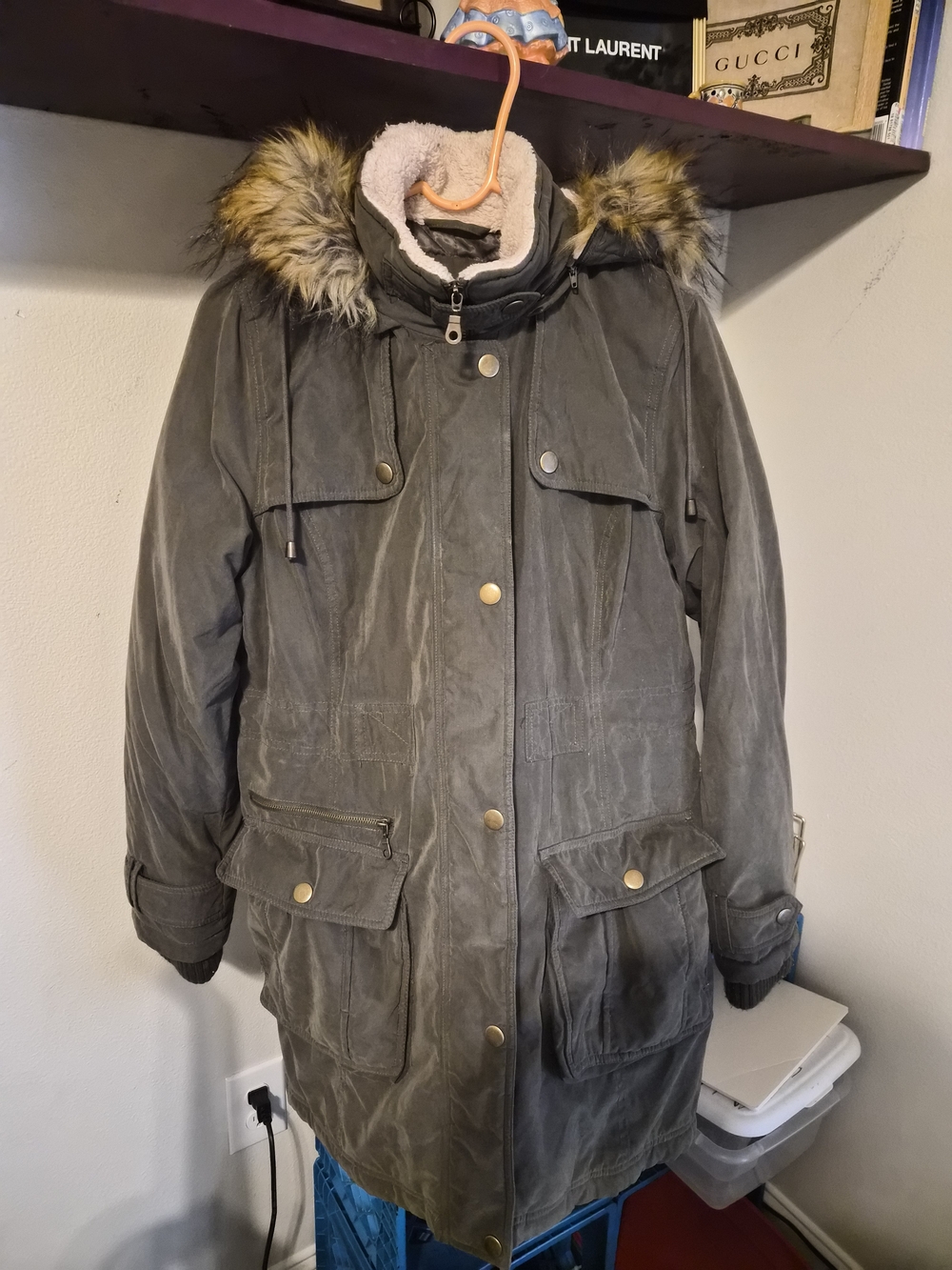 Halogen Olive Green Faux Fur Trim Hooded Anorak Parka Jacket Coat M Medium Warm